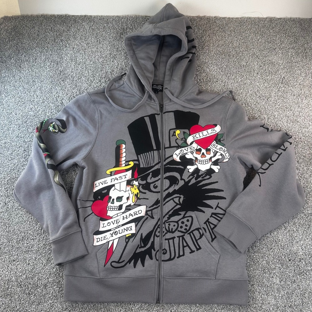 Ed Hardy Zip Hoodie Men Medium Street Love Kills Slowly Skull Tattoo Graphic NWT